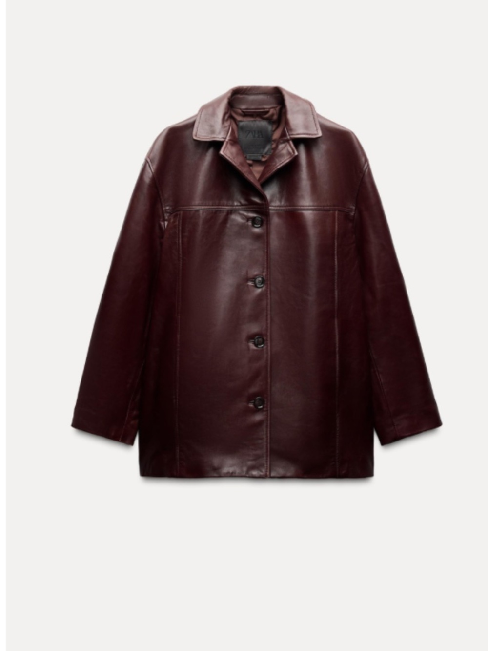 ZARA 100% Soft Leather Jacket Burgundy Button Front Collared Premium Size Small